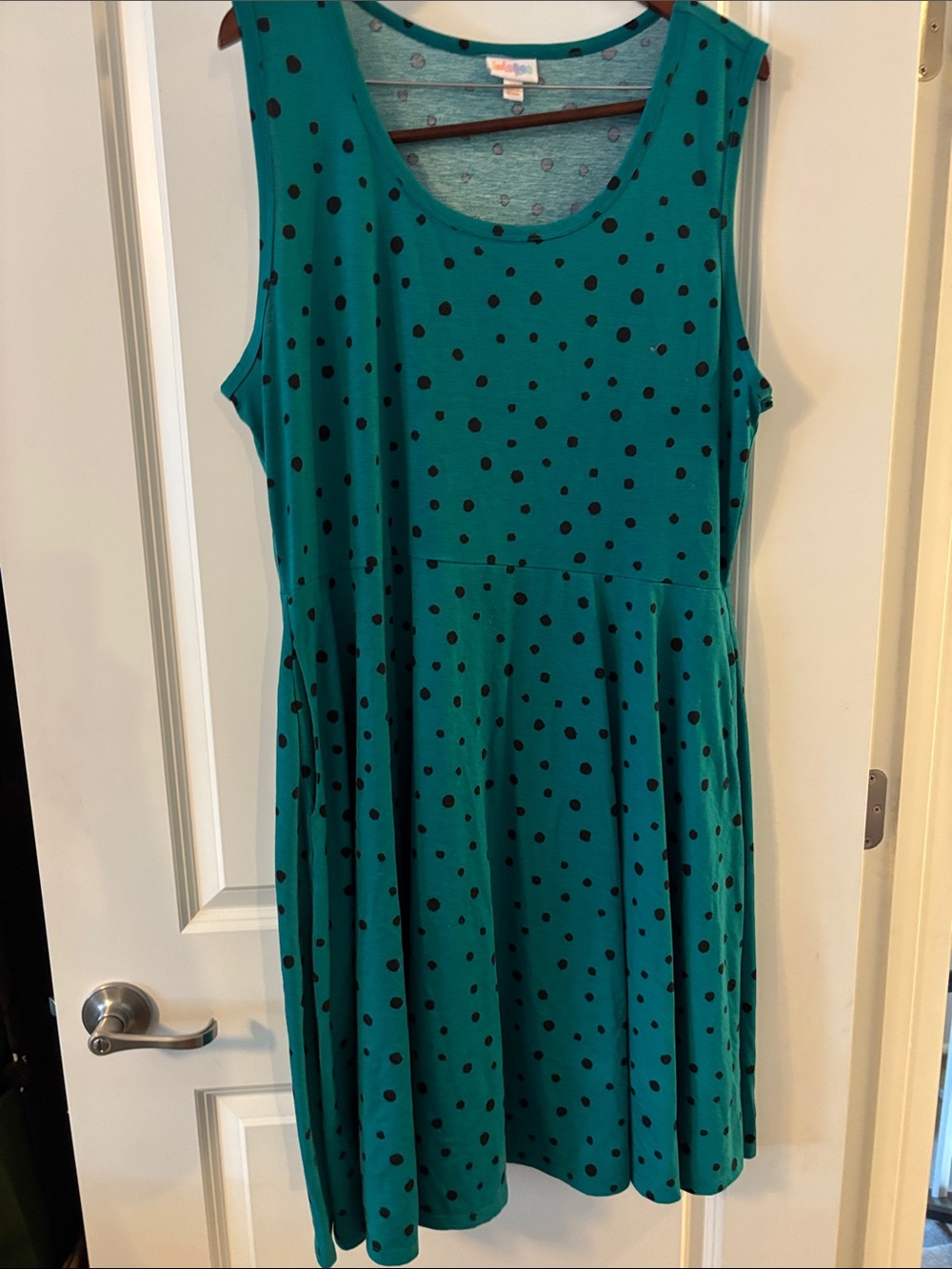 LuLaRoe Teal Sleeveless Nicki Dress with Black Polka Dots